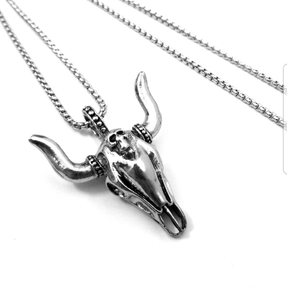 BULL Skull Pendant Necklace Western Biker Unisex - Picture 2 of 4